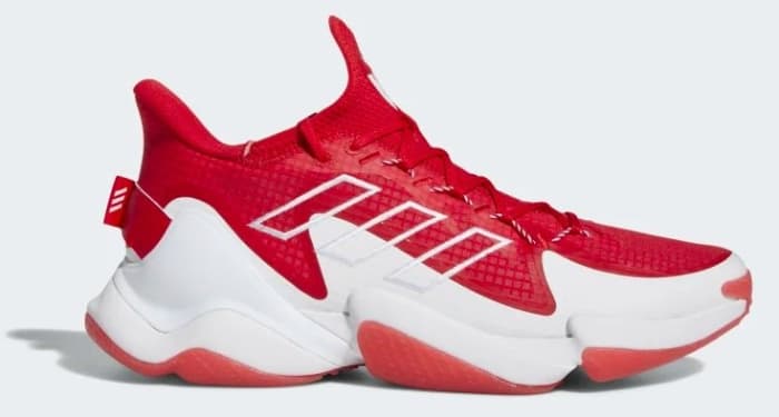 Side view of Patrick Mahomes' red and white adidas shoe.